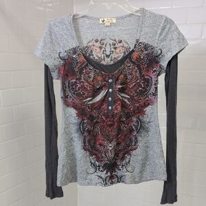 Women's Gray and Black Long Sleeve Top